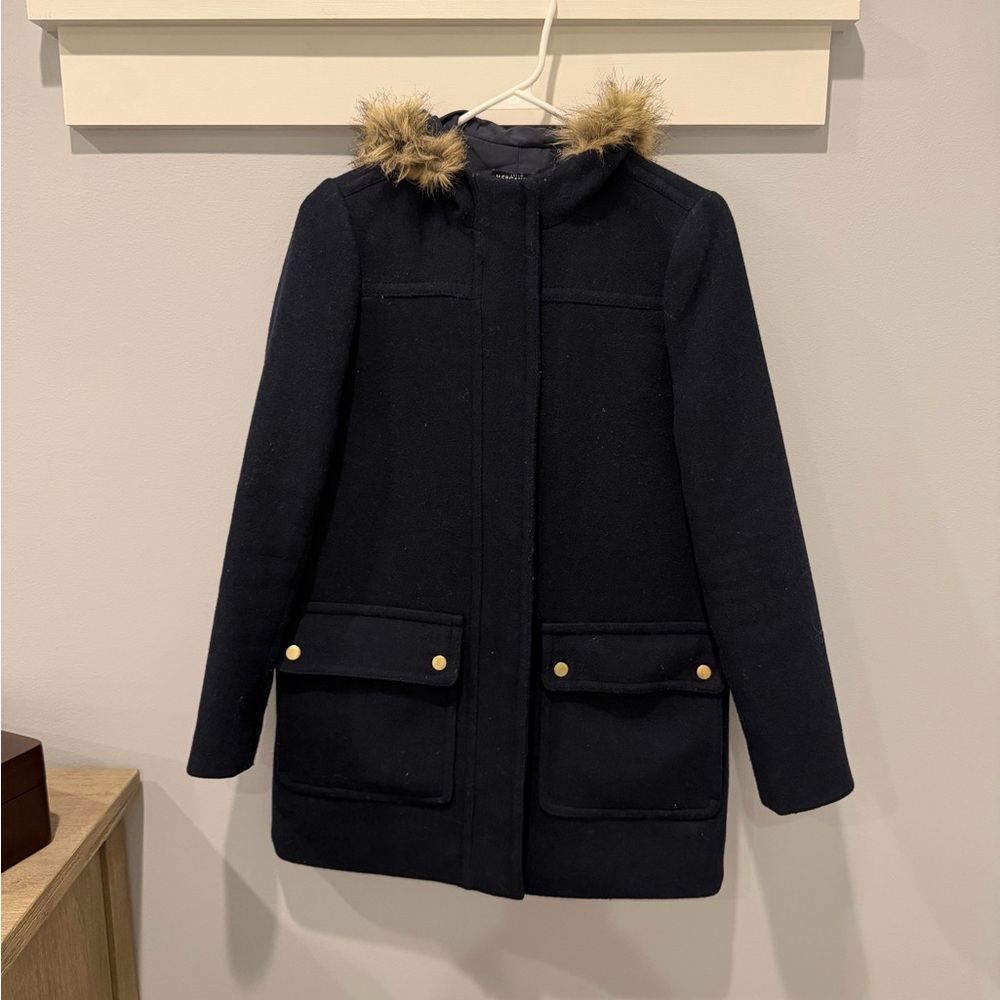 J. Crew Factory Dark Blue Pea Coat with Faux Fur Hood